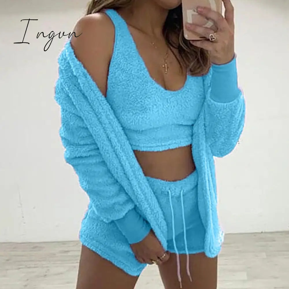 Ingvn - Three Piece Sexy Fluffy Outfits Plush Velvet Hooded Cardigan Coat+Shorts+Crop Top Women Tracksuit Sets Casual Sports Sweatshirt