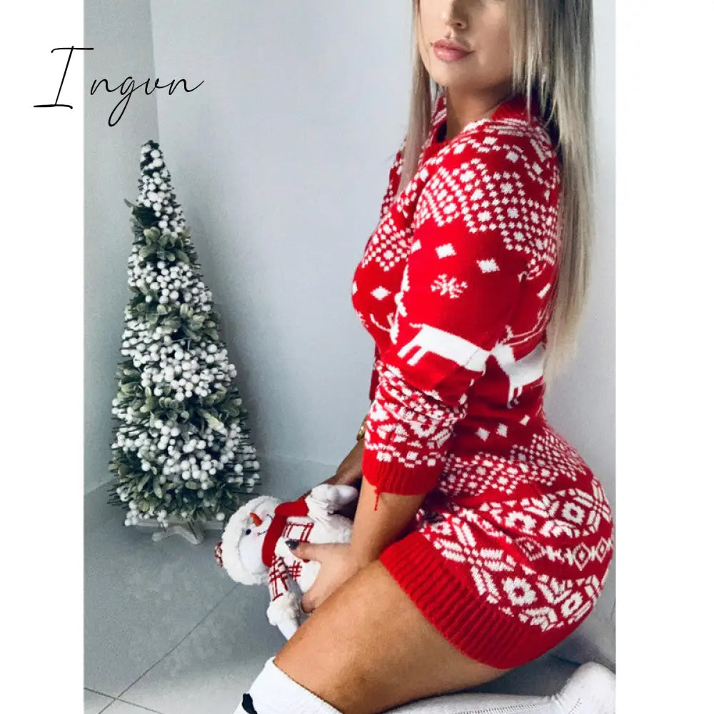 Ingvn - Fashion Autumn Winter Long Sleeve Loose Christmas Dresses Ladies Christmas Print A-line Mini Dress tops New Women