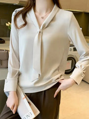 Spring Fashion New Elegant Bow Women Shirt Vintage White Lady Long Sleeves Blouses Female Casual Streetwear Tops Clothes