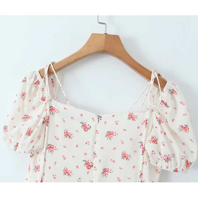 Sexy Elegant Women French Style Floral Print Dress Vintage Puff Sleeve Female Summer Holiday Party Dresses Slim Mini Robe