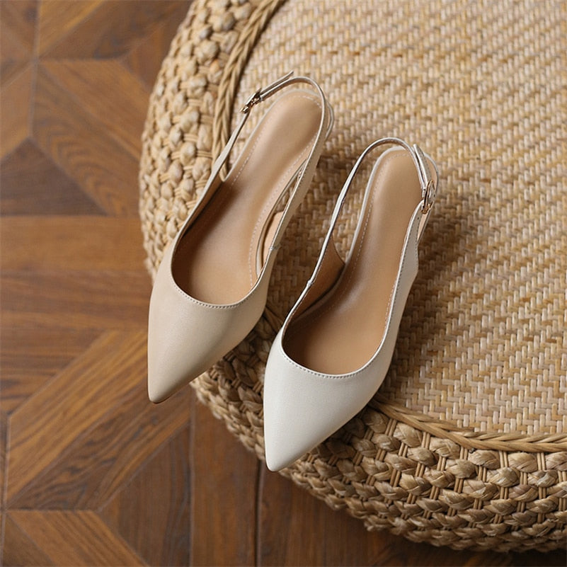 Meotina Genuine Leather Women Slingbacks Shoes Cow Leather Buckle Thin Heels Pumps Pointed Toe Med Heel Ladies Footwear Spring