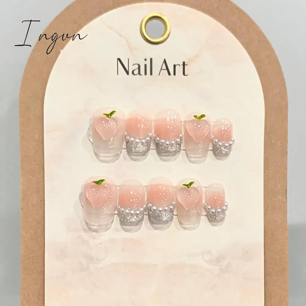 10Pcs Pink Cute Handmade Press on Nails Full Cover Bear Rhinestone Summer French Short False Nails Wearable Manicure Nail Tips