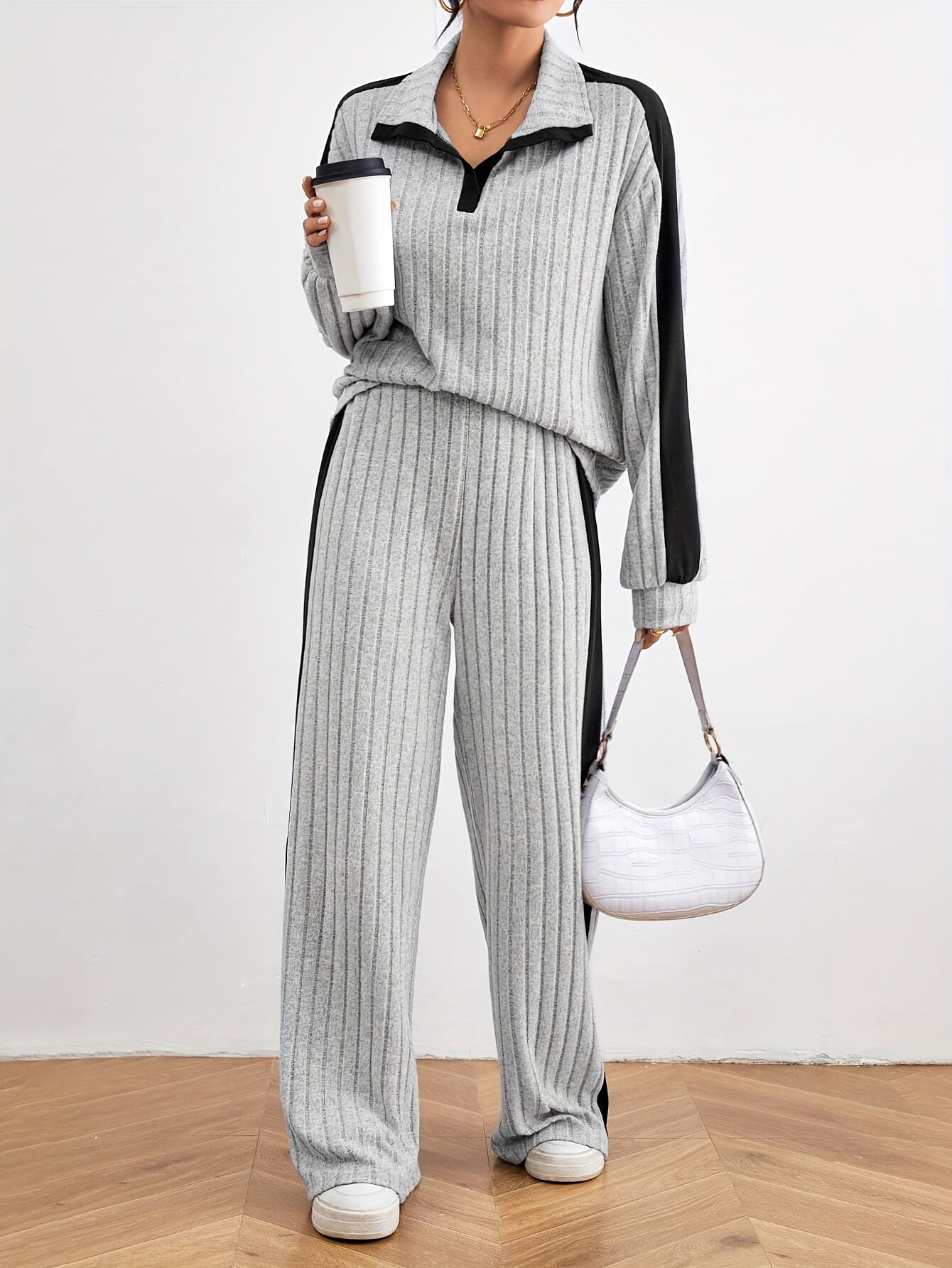 Stylish Color Block Ribbed Pantsuits - Long Sleeve Lapel Drop Shoulder Top, Wide Leg Pants, Comfortable, Relaxed Fit, Chic Outfit for Women - Perfect for Daily Wear, Casual Occasions