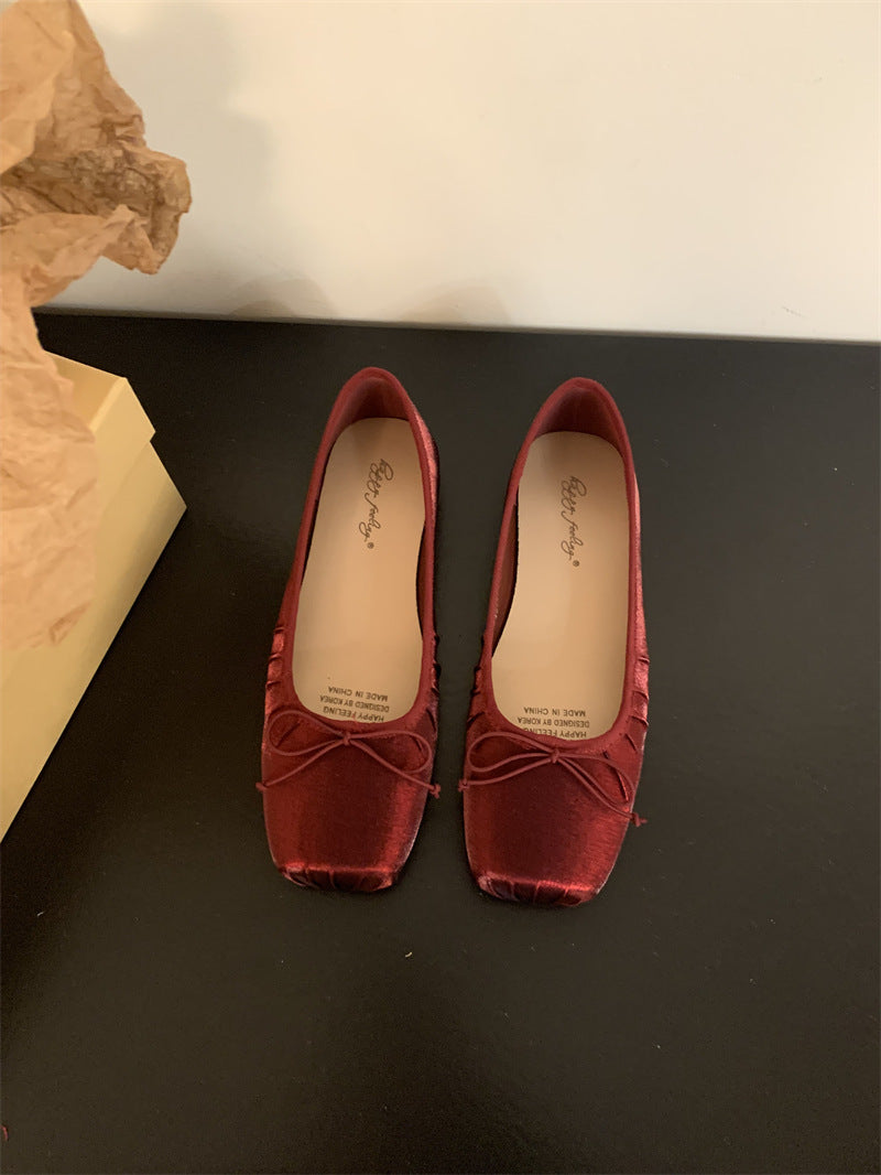 Vintage Late Night Style Bow Shoes Women's New Flat Sparkling Red Wedding Shoes Square Toe Pleated Milk Shoes