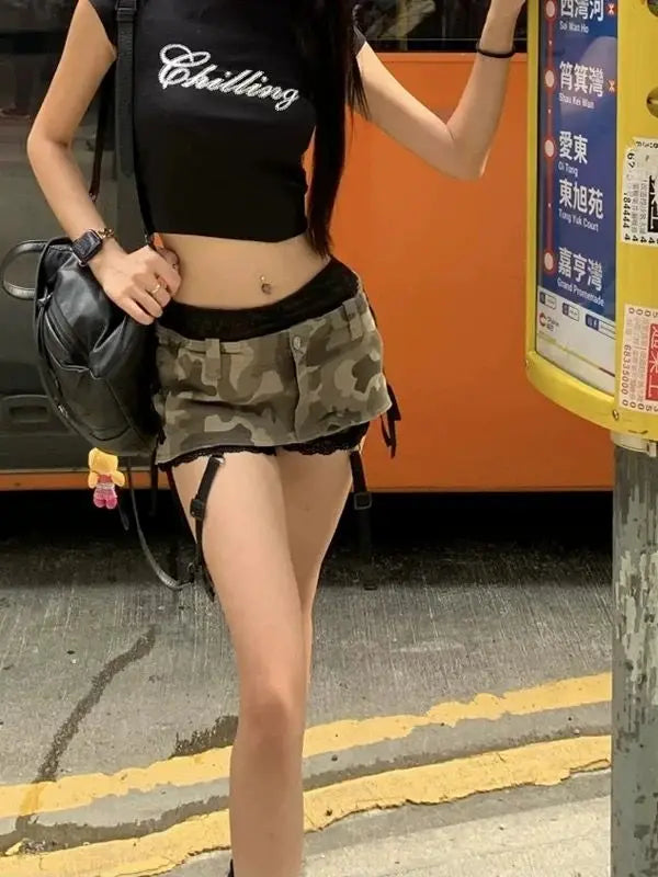 Hot Girl Strap Design Camouflage Low-waist Denim Miniskirt New Style