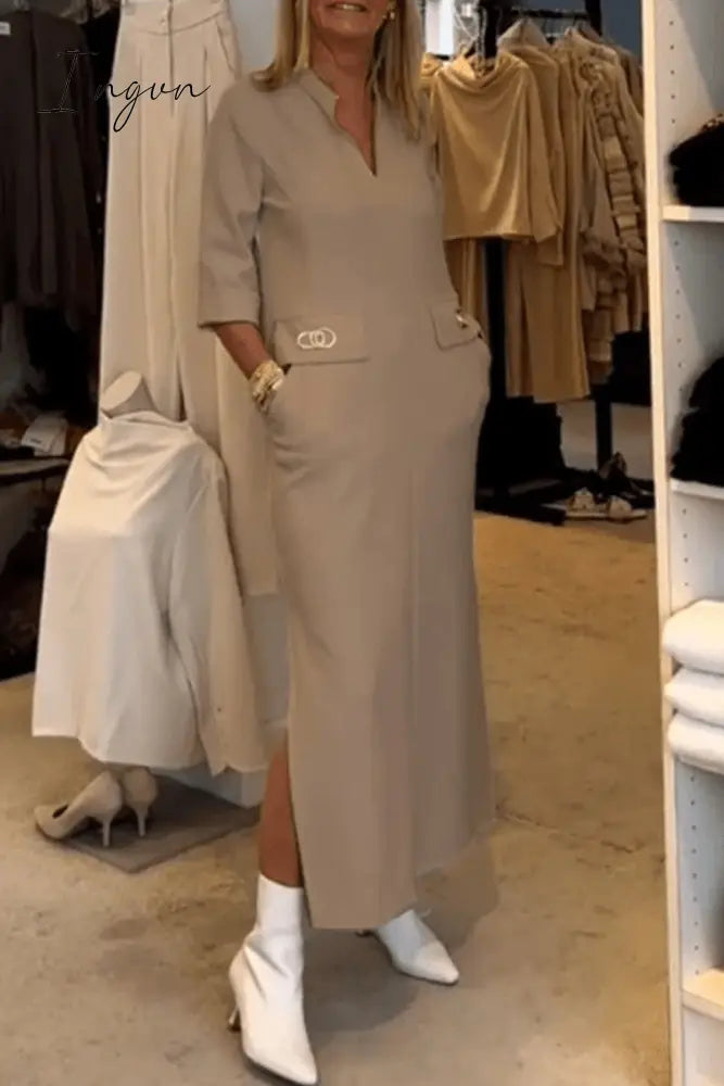 Ingvn - Elegant Simplicity Solid Pocket Turndown Collar One Step Skirt Dresses