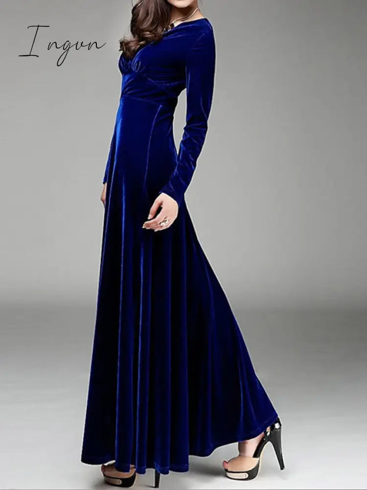 Ingvn - Women‘s Party Dress Wedding Guest Dress Velvet Dress Long Dress Maxi Dress Black Wine Royal Blue Long Sleeve Pure Color Ruched Fall Spring V Neck Fashion Party Winter Dress Evening Party 2023 S M L XL