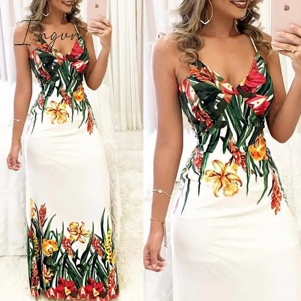 Ingvn - Summer Women Lady Sexy Sleeveless Strap Deep V-Neck Long Maxi Evening Party Elegant Dress Sundress