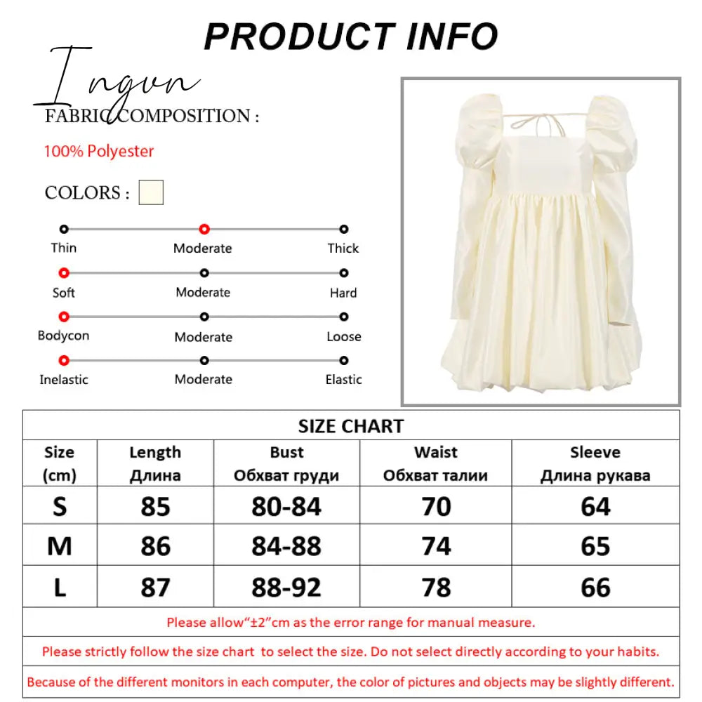 Ingvn - New Fashion Puff Sleeves Woman Party Dress Evening Chic Square Collar Ball Gown Dress Short Beige Satin Dresses Pleated Ladies
