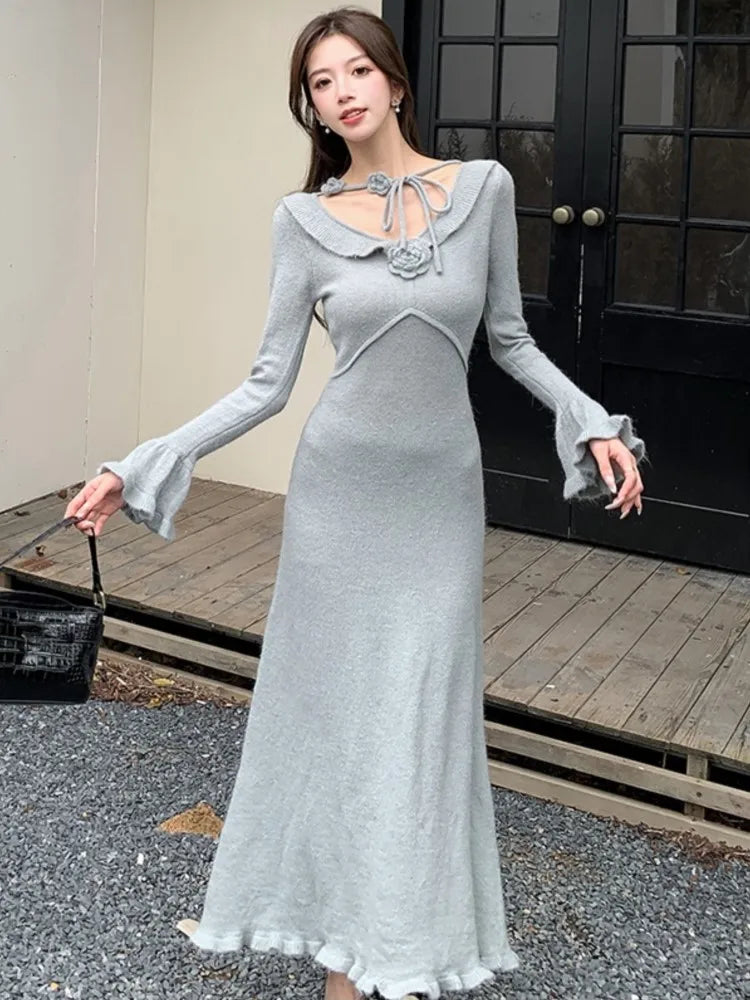 Elegant Solid Knitted Dress for Women Vintage French Flare Sleeve Bodycon Princess Evening Party Womens Dresses Slim Vestidos