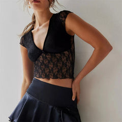 Sheer Crop Top 2000s Women Sexy See Through V Neck Sleeveless Floral Lace Tanks Slim Fit Vest y2k Aesthetic Clothing