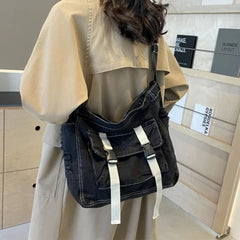 Ingvn  Large Capacity Denim Messenger Bag for Women Crossbody Bag for Students Single Shoulder Tote Bag for Class