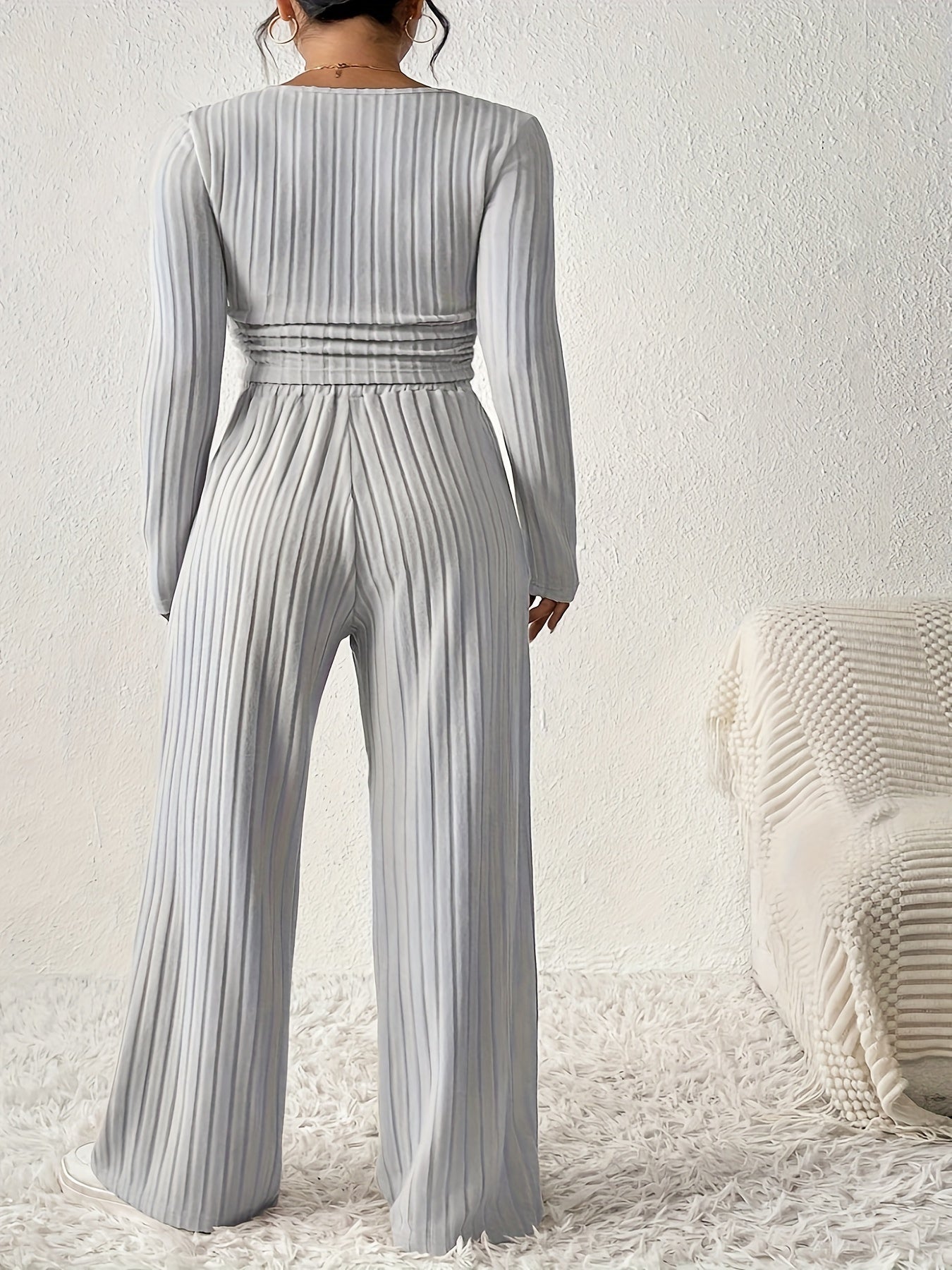 Casual Ribbed Solid Color Pants Set, Low Cut Neck Long Sleeve Crop Top & Elastic Waist Wide Leg Loose Pants, Women's Clothing