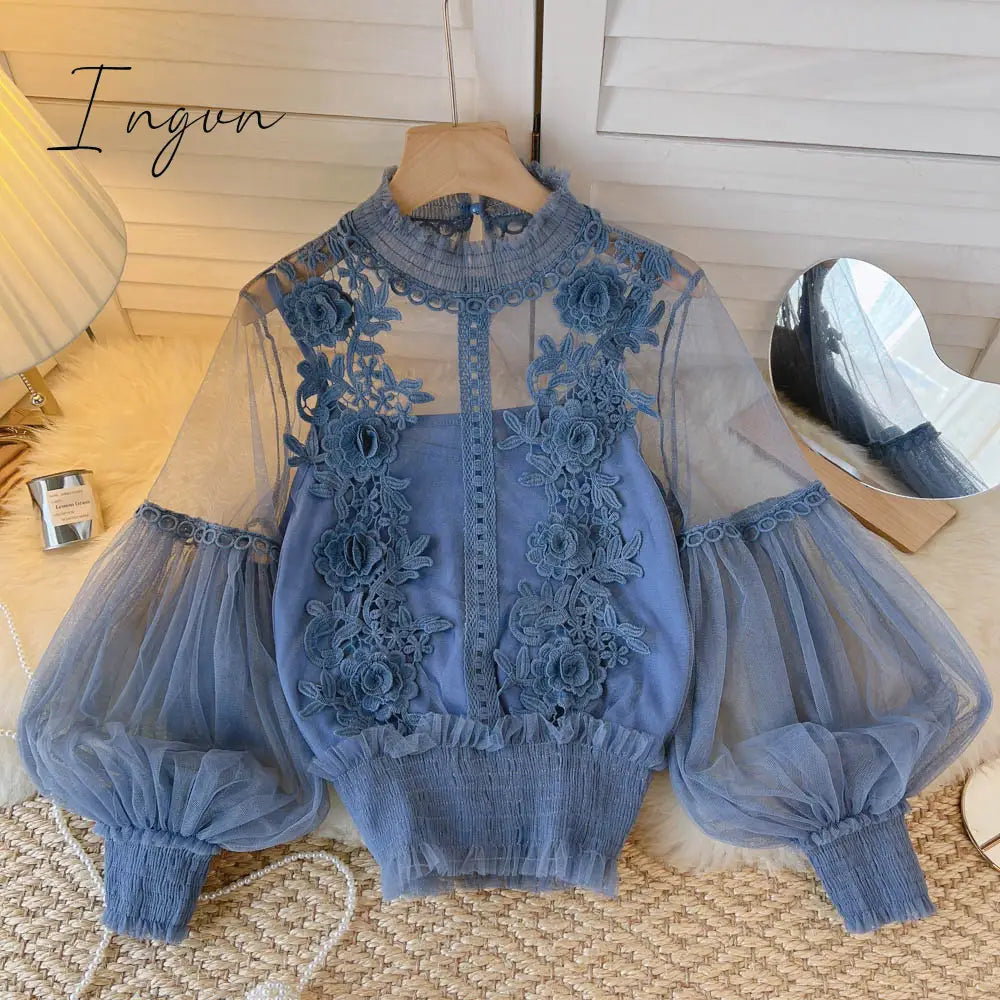 Ingvn - spring Women Mesh Tops Fashion Sexy Sheer Lace Blouse Lantern Sleeve 3D Floral Blouses Shirts Elegant Top Blusas Femininas