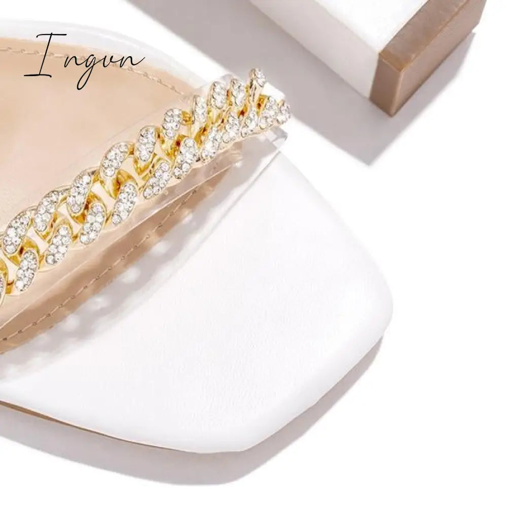 Ingvn - Gold-Tone Chain Embellished Ankle Strap Chunky Heels
