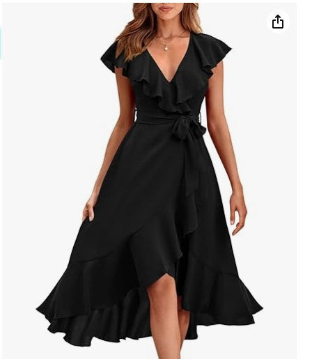 new V-neck short sleeve ruffled long temperament lace-up dress