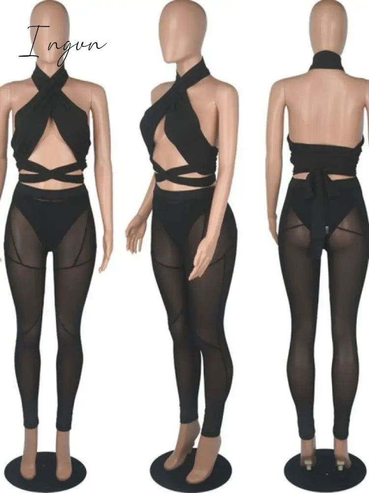 Ingvn - Sexy Mesh Sheer Spliced Two Piece Set Tracksuit Women Bodysuit Pants Summer Clothes Vacation Club Outfits Matching Sets