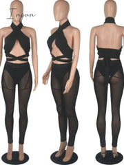 Ingvn - Sexy Mesh Sheer Spliced Two Piece Set Tracksuit Women Bodysuit Pants Summer Clothes Vacation Club Outfits Matching Sets