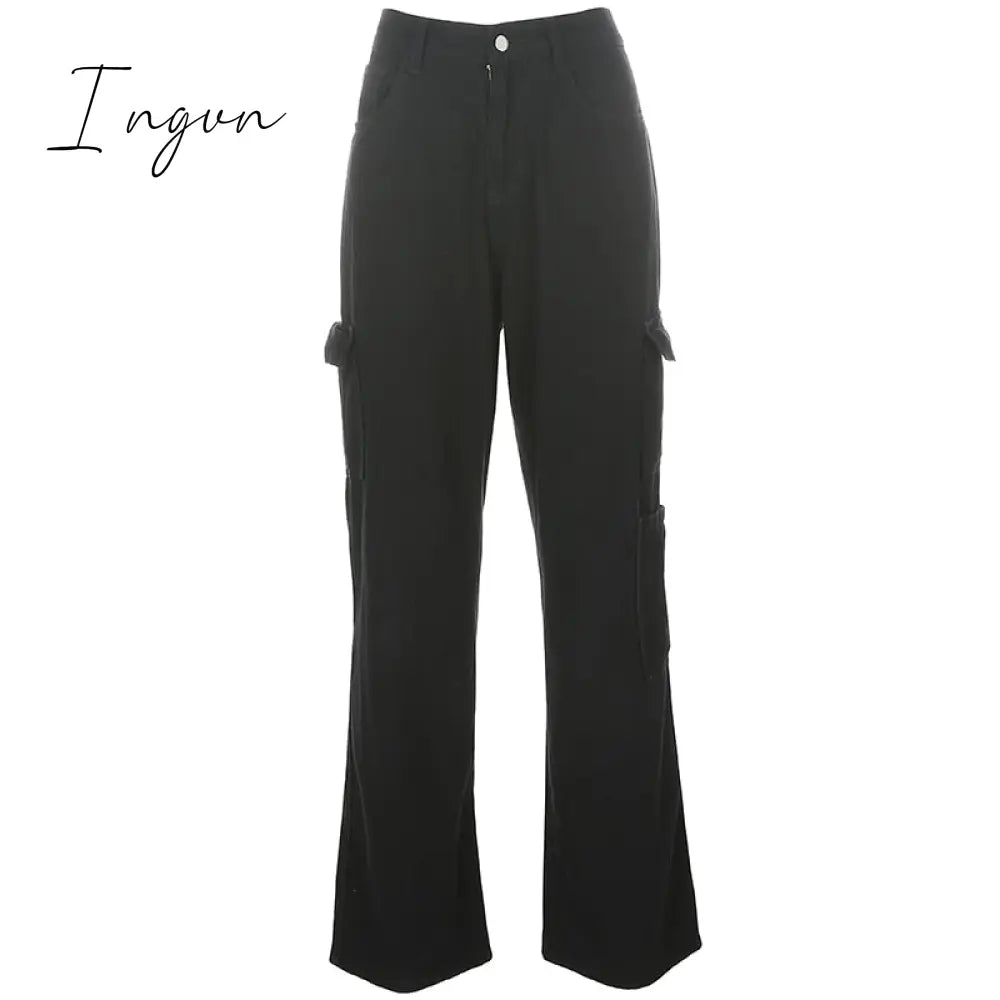 Ingvn - Fashion Streetwear Women Jeans Pocket High Waist Jeans Korean Casual Straight Harajuku Denim Pants Baggy New Cargo Pants