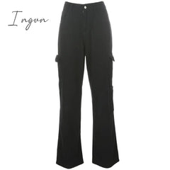 Ingvn - Fashion Streetwear Women Jeans Pocket High Waist Jeans Korean Casual Straight Harajuku Denim Pants Baggy New Cargo Pants
