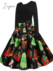 Ingvn - Women's Christmas Swing Dress Knee Length Dress Black Long Sleeve  Tree Bow Print Fall Winter Round Neck Vintage  Party 2021 S M L XL XXL