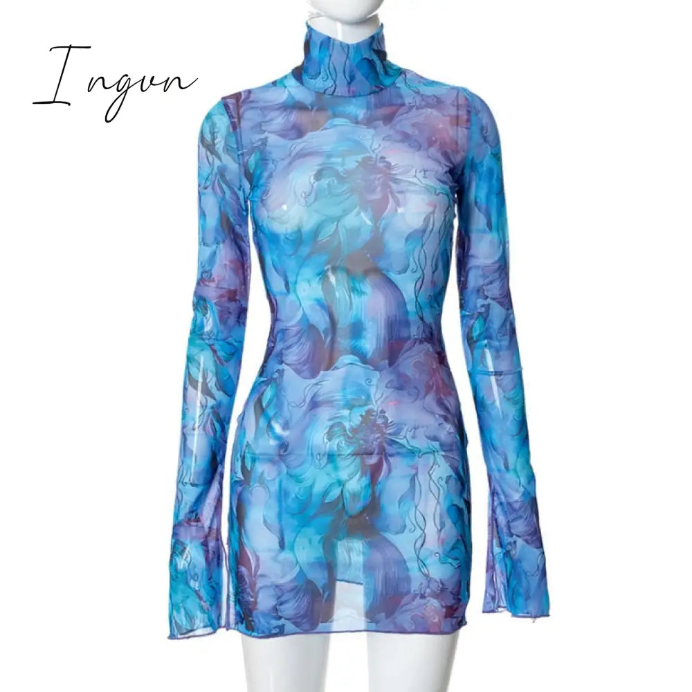 Ingvn - Long Sleeve Printed Tie Dye Bodycon Mini Dress Women Autumn Elegant Party Evening Sexy Fashion Casual Slim Vacation Dresses