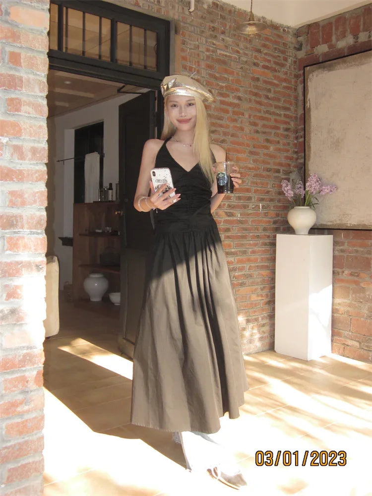 V-neck Slim Halter Dress Women Pleated Design Long Skirt Solid Vintage Y2k Dresses Korean Fashion Vestidos Para Mujer