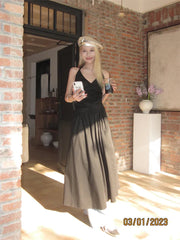 V-neck Slim Halter Dress Women Pleated Design Long Skirt Solid Vintage Y2k Dresses Korean Fashion Vestidos Para Mujer