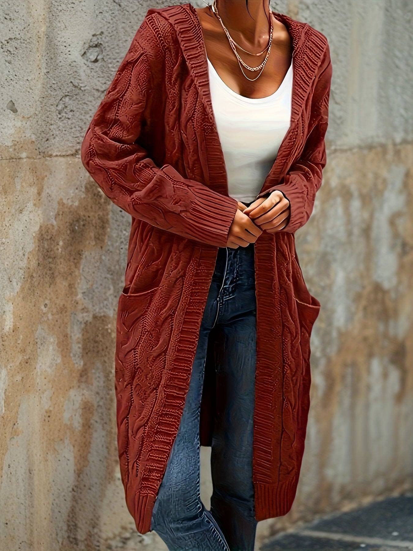 Cozy Micro-Elastic Plus Size Women's Long Sleeve Open Front Hooded Cardigan with Pockets for Casual Daily Wear - Solid Cable