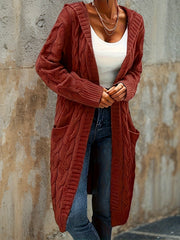 Cozy Micro-Elastic Plus Size Women's Long Sleeve Open Front Hooded Cardigan with Pockets for Casual Daily Wear - Solid Cable