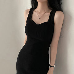 Basic Knit Long Dress Korean Fashion Square Collar Sleeveless Women's Dresses Summer Casual Y2k Vintage All-match Outftis