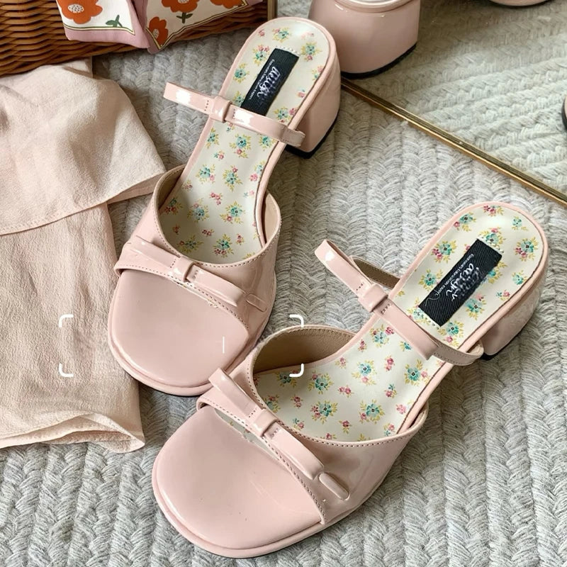 High Heels Women Slippers Bow Chunky Heeled Shoes Dress Fashion Woman Sandals 2025 New Designer Pumps Luxury Sandalias De Mujer