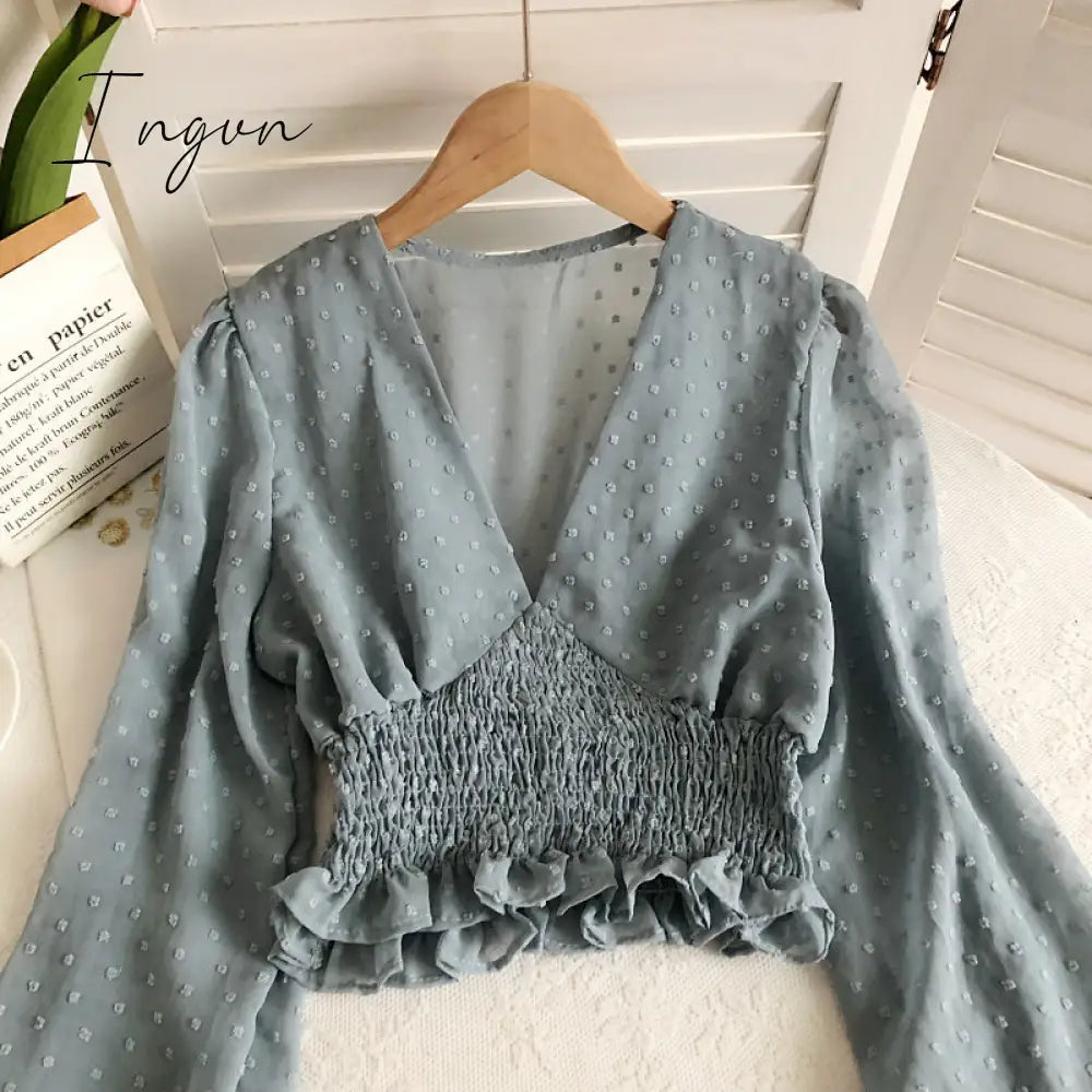 Ingvn - Women Fashion Spring Women Sweet Spot Blouse Ladies Fashion Chiffon Pullover Shirt V-neck Slim Long Puff Sleeve Folds Tunic Short Top
