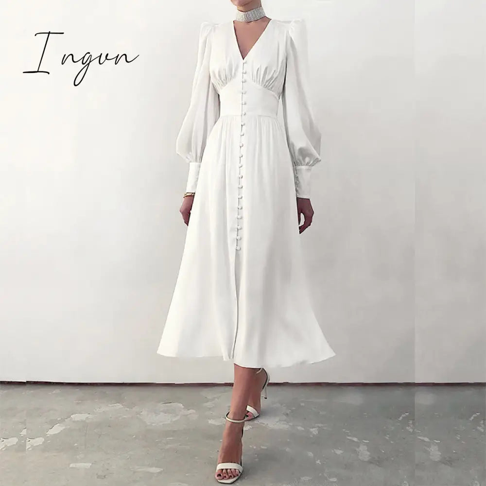 Ingvn - Elegant spring satin bishop sleeve a-line dress women V-neck high waist button dress solid Vintage long dresses chic