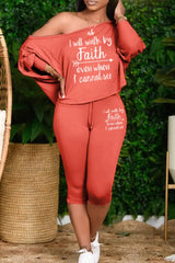 Ingvn - Pink Plus Size Casual Letter Patchwork Draw String Printing One Shoulder Plus Size Two Pieces