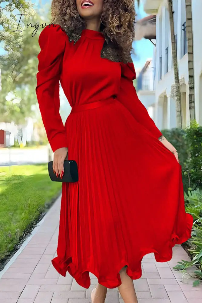 Ingvn - Elegant Solid Patchwork Fold Half A Turtleneck Long Sleeve Two Pieces(5 Colors)