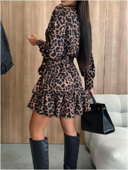 Women's Leopard Printed Dresses V-Neck Lace Up Bubble Long Sleeved Sexy Dress Elegant Dating Autumn Mini Dress