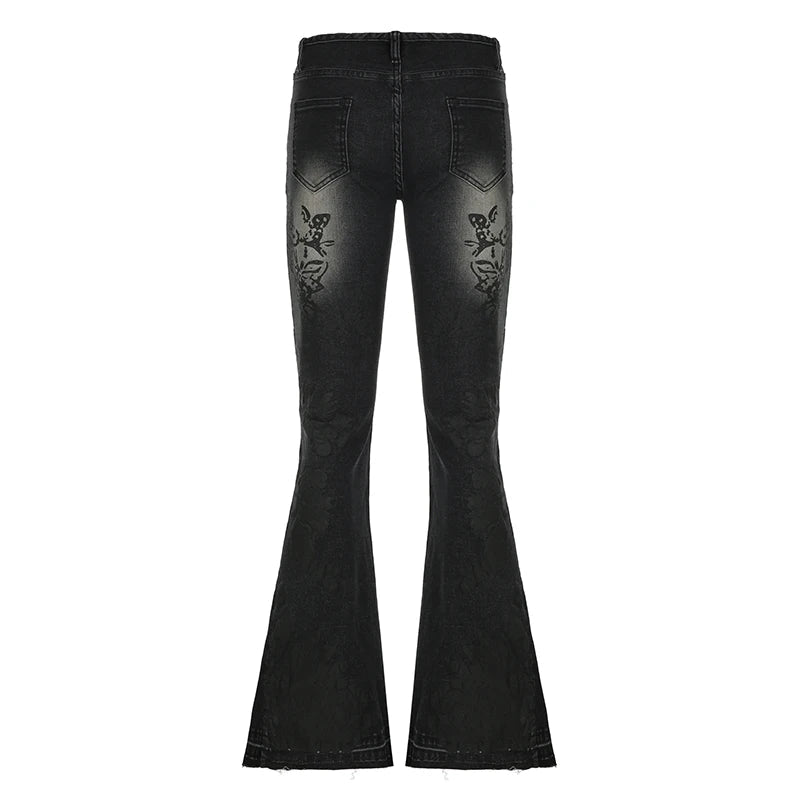 Streetwear y2k Flare Jeans Distressed 2000s Floral Print Low Rise Slim Denim Pants Korean Women Trousers Retro Mom Jeans