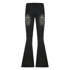 Streetwear y2k Flare Jeans Distressed 2000s Floral Print Low Rise Slim Denim Pants Korean Women Trousers Retro Mom Jeans