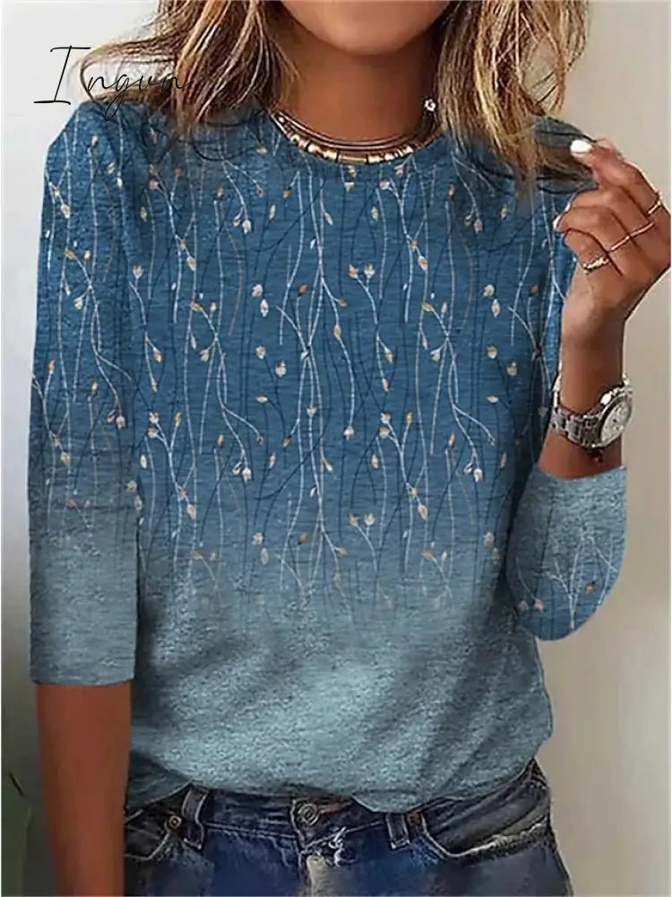Ingvn - Women's T shirt Tee Blue Floral Print Long Sleeve Holiday Weekend Basic Round Neck Regular Floral Painting