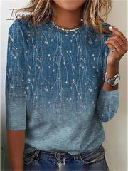 Ingvn - Women's T shirt Tee Blue Floral Print Long Sleeve Holiday Weekend Basic Round Neck Regular Floral Painting