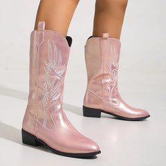 Ingvn  Vintage Thick Heel Women Western Cowgirl Boots Fashion Slip On Shoes Autumn Winter Embroidery Ladies Mid Calf Booties