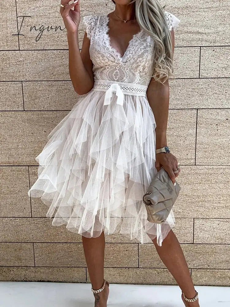 Ingvn - Hot Sale Lace Patchwork Asymmetrical Black Dress Femme Sexy Sleeveless Slim Fit Party Dress Solid Summer Backless V Neck Hollow Out Dress