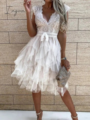 Ingvn - Hot Sale Lace Patchwork Asymmetrical Black Dress Femme Sexy Sleeveless Slim Fit Party Dress Solid Summer Backless V Neck Hollow Out Dress
