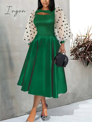 Ingvn - Women Long Sleeve Skater Dress See Through Tulle Dots Contrast Flared Swing Shimmer Dress Elegant Spring Summer Big Size Outfit