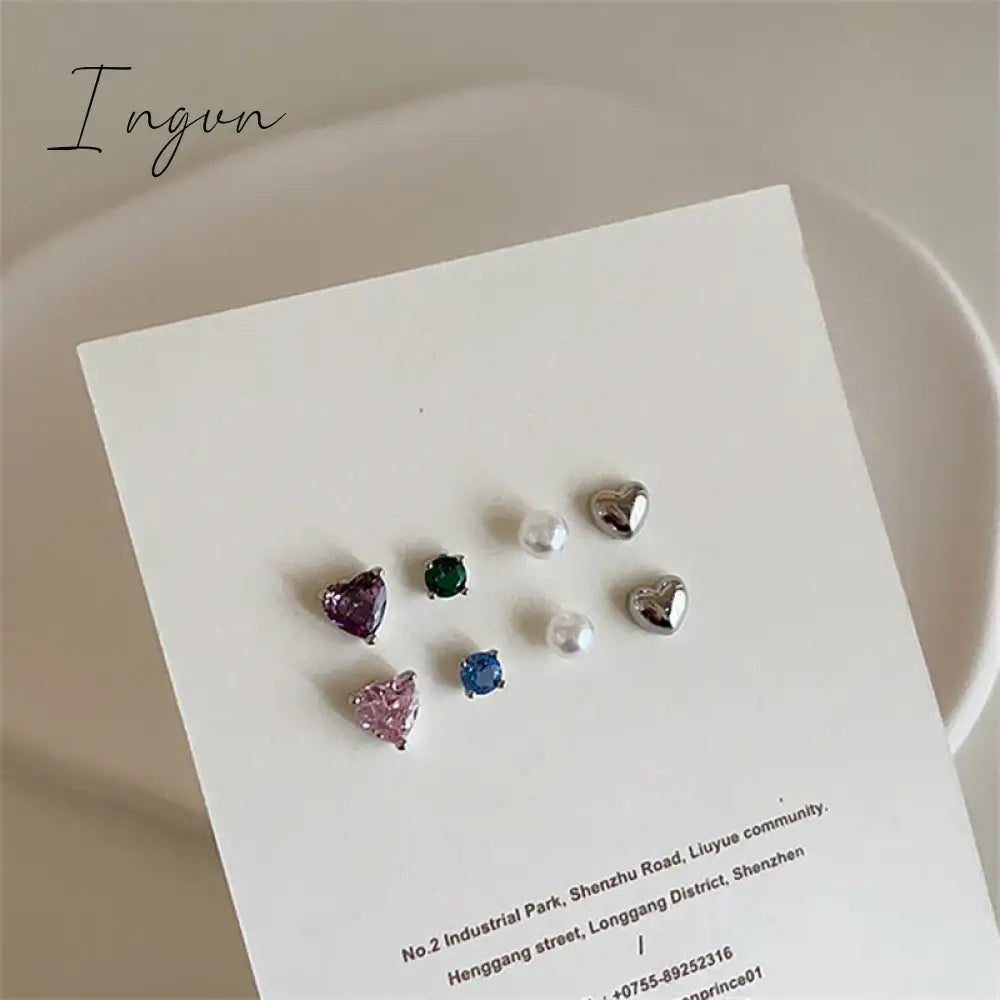 4PCS Korean Fashion Colorful Zircon Heart Metal Pearl Stud Earring for Women Aesthetic Jewelry Set Earrings Wedding Accessories