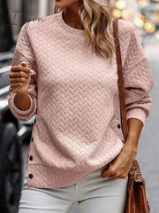 Ingvn - Women's Sweatshirt Pullover Basic Button Pink Solid Color Casual Round Neck Long Sleeve Top Micro-elastic Fall & Winter