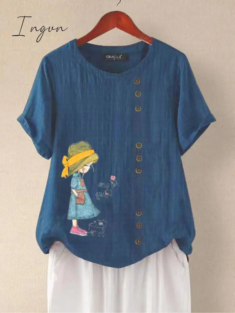 Ingvn - Summer Retro Fashion Printed Loose Casual Shirt Short-sleeved Blouses