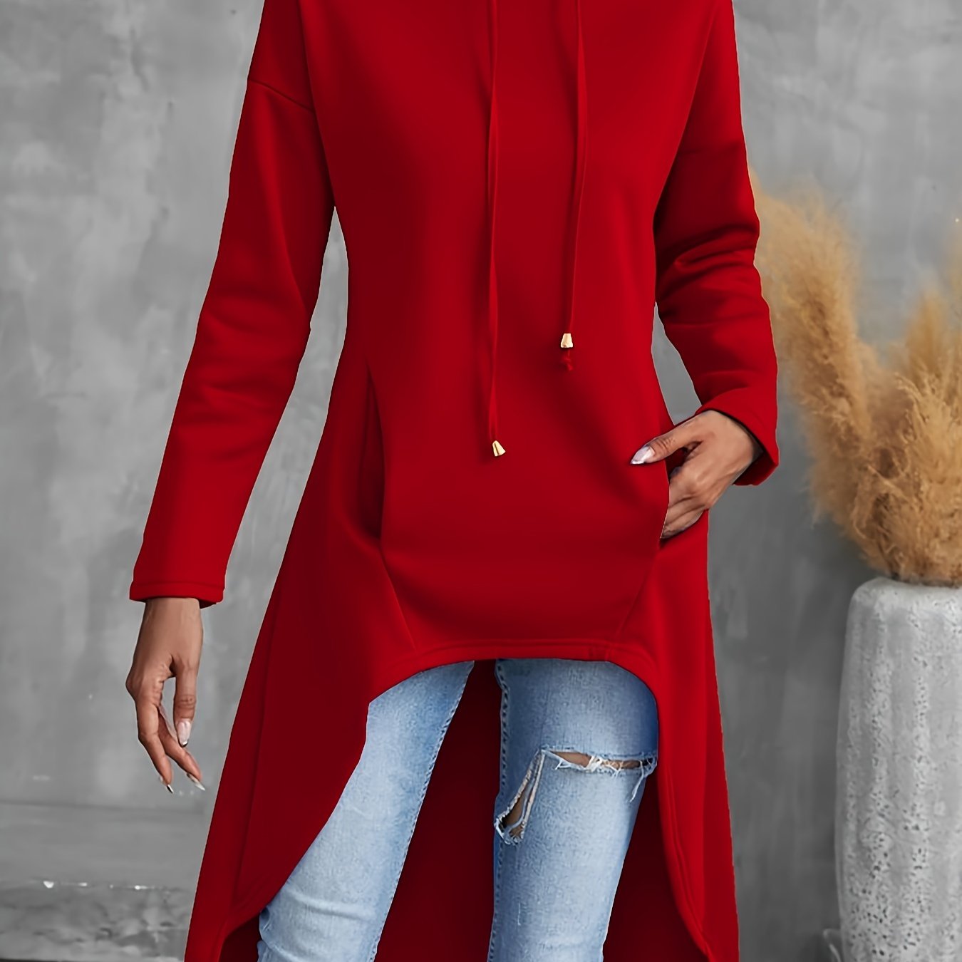Solid Color Hig-low Hoodie, Casual Long Sleeve Drawstring Hoodie Sweatshirt, Women's Clothing
