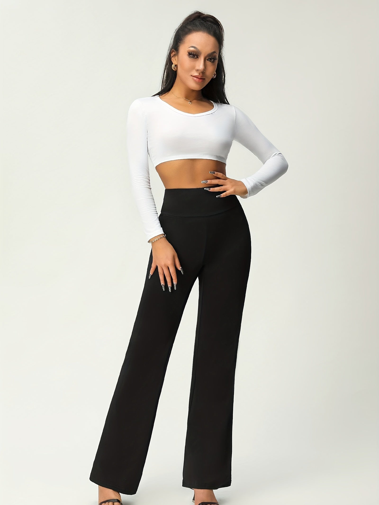 Women's Solid Flare Leg Pants, High Waist Stretchy Pants, Casual Every Day Pants, Women's Clothing